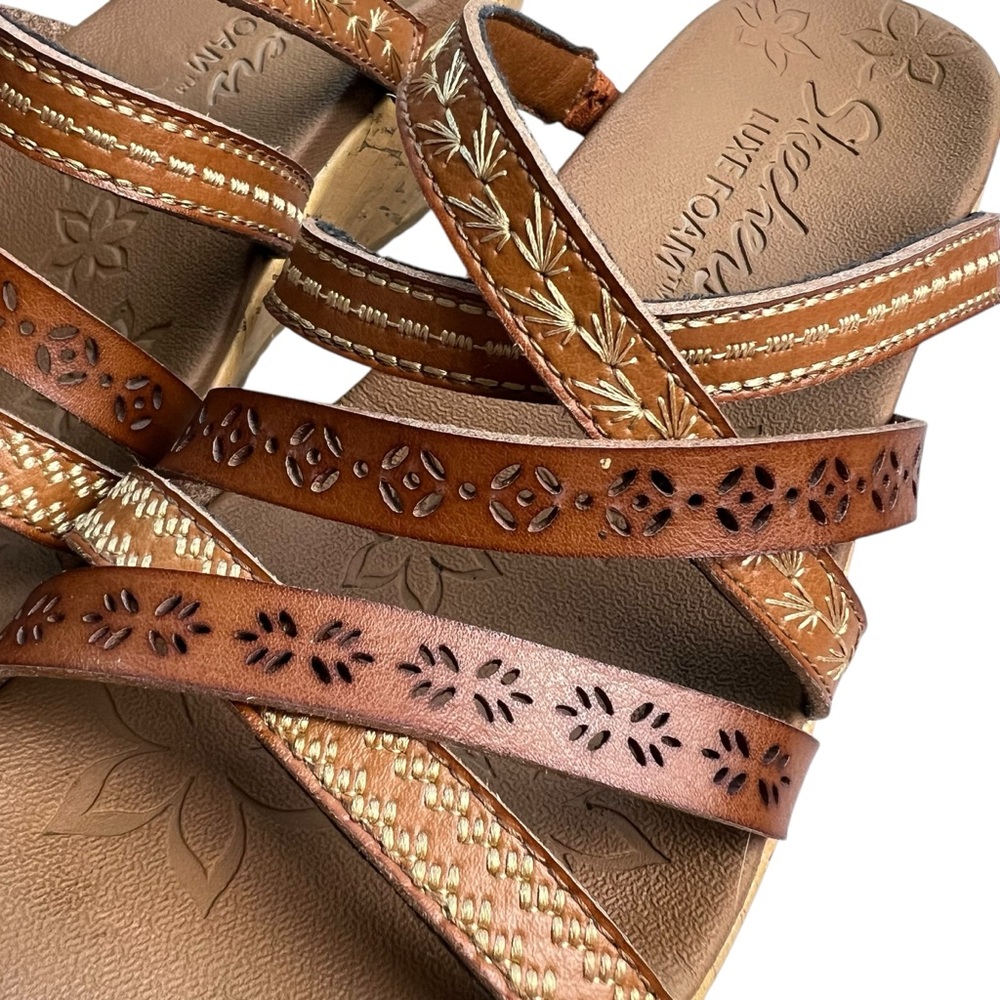 Skechers Beverlee Tiger Leather Strappy Size 6 Brown Cork Wedge Sandals - Picture 11 of 15